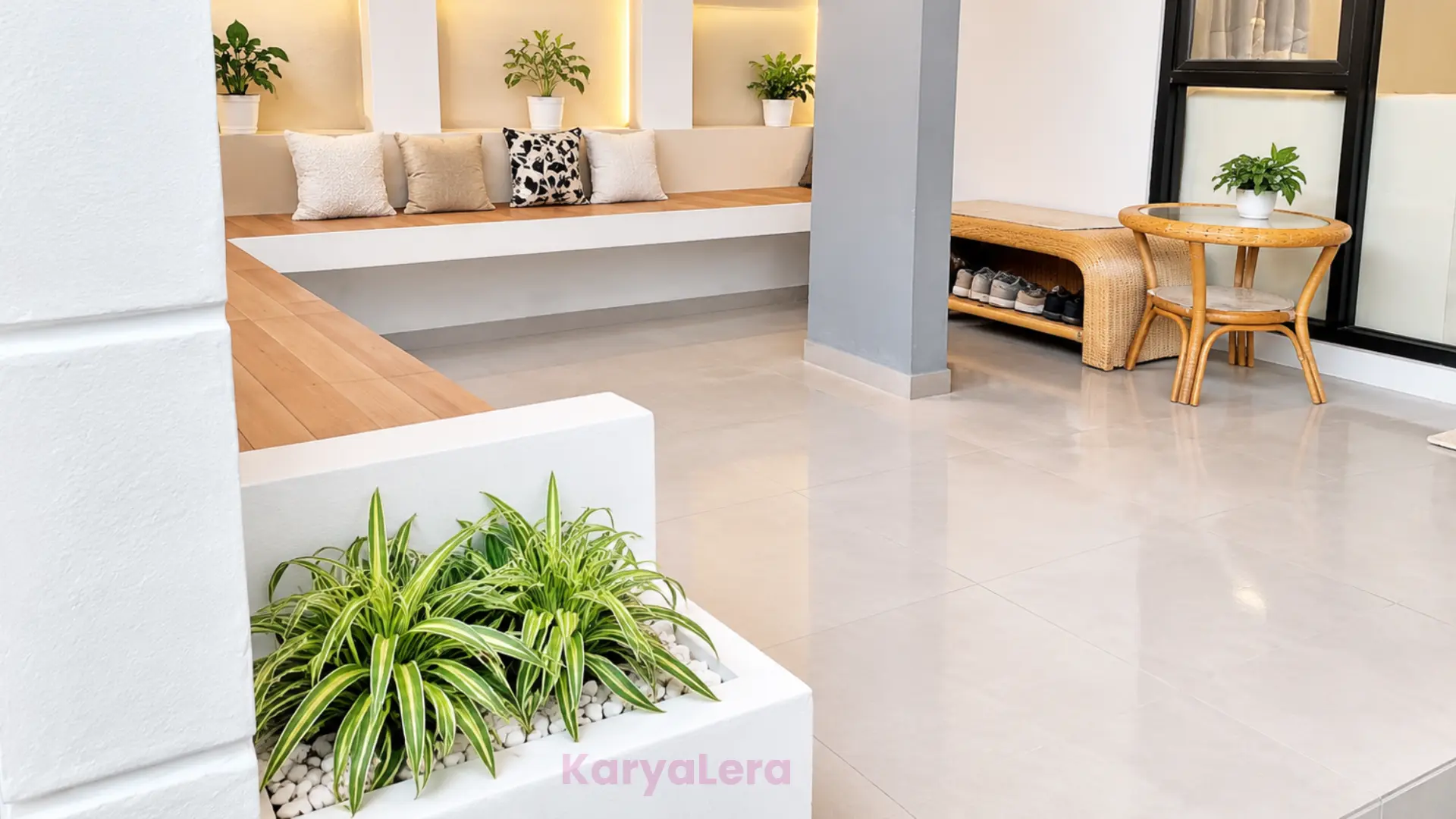 Teras semi-outdoor dengan bangku kayu memanjang, kursi rotan, dan planter box