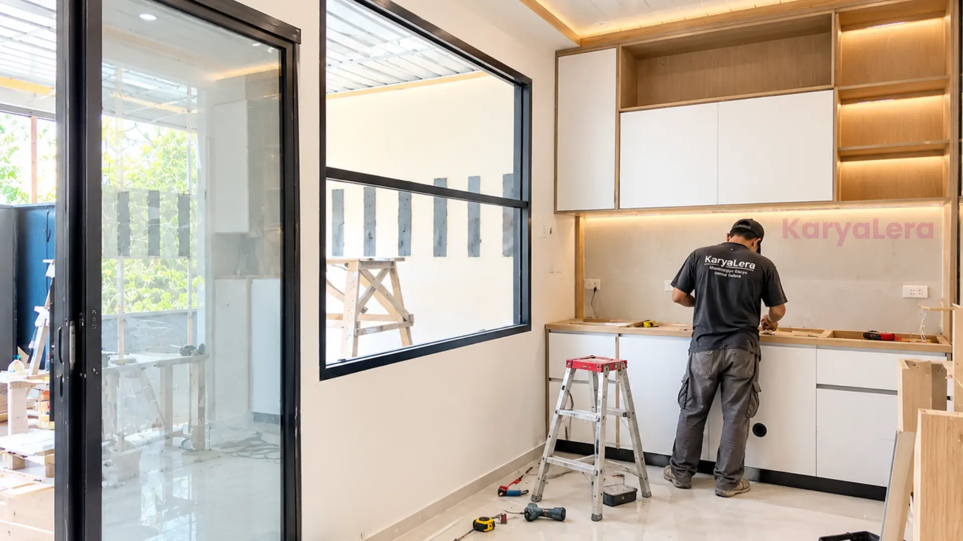 Tim KaryaLera memasang kabinet dapur sesuai desain