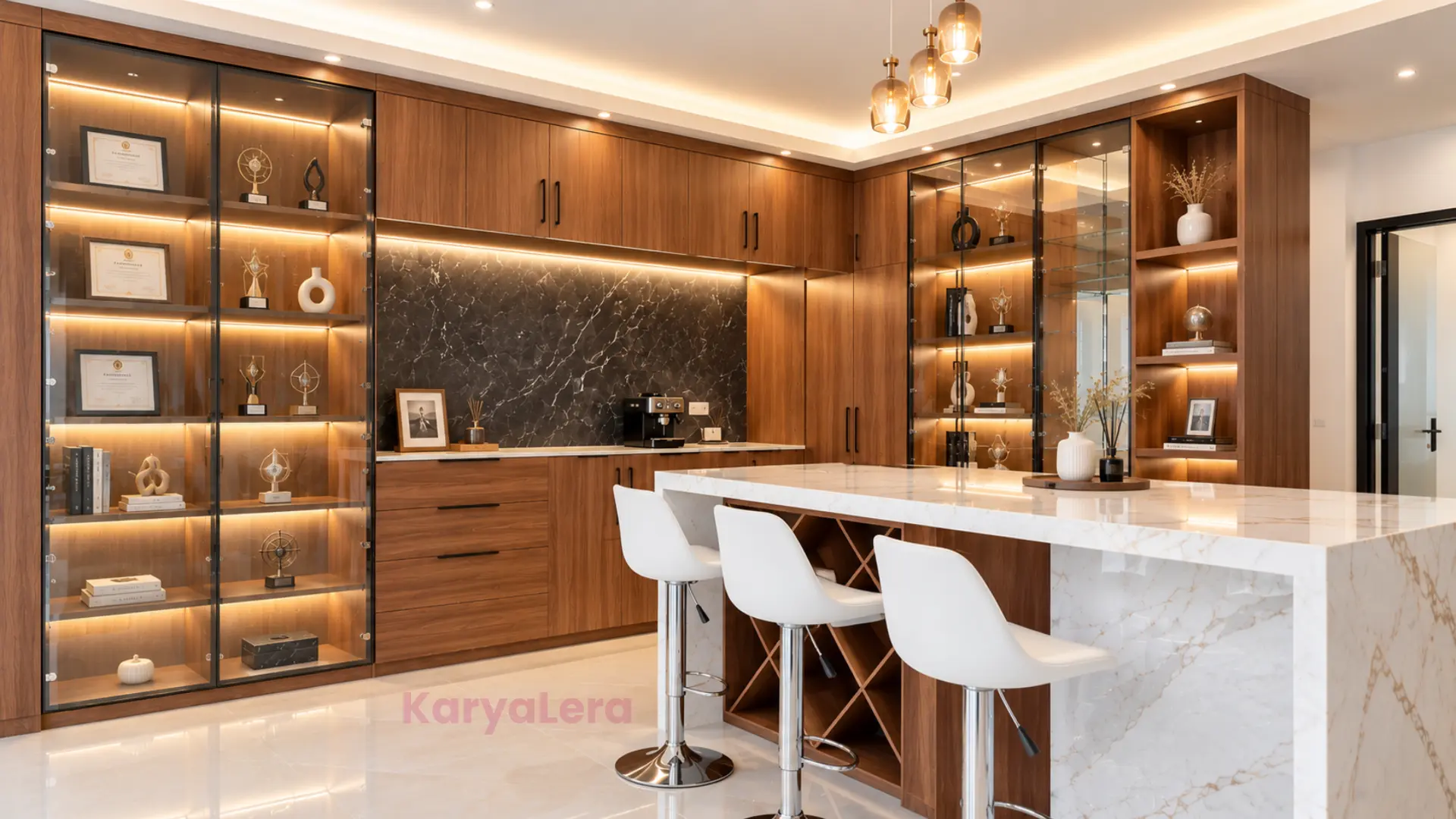 Interior dengan kabinet kayu custom, lemari display, dan meja marmer