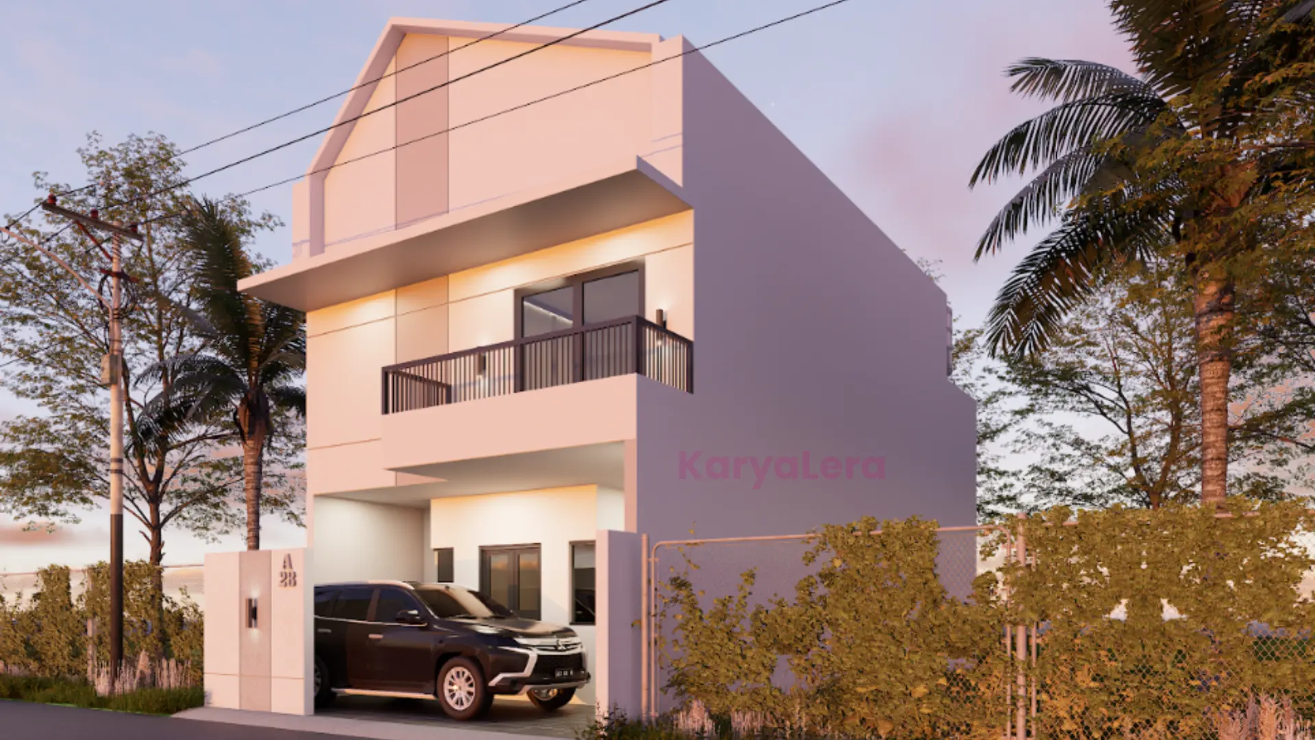 Visualisasi rumah modern bertingkat KaryaLera dengan balkon dan carport