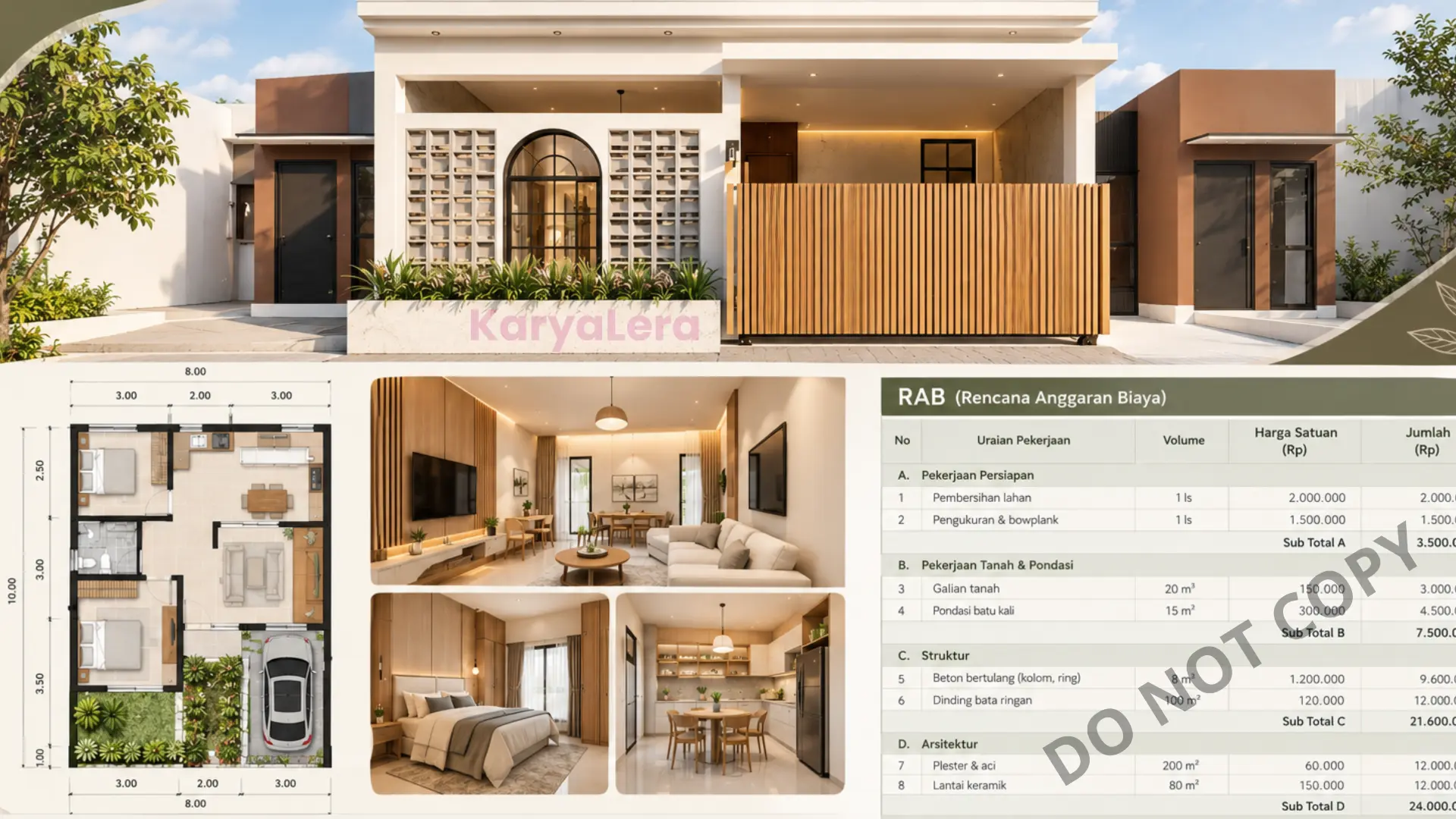 Kolase desain fasad, denah, visualisasi interior, dan Rencana Anggaran Biaya